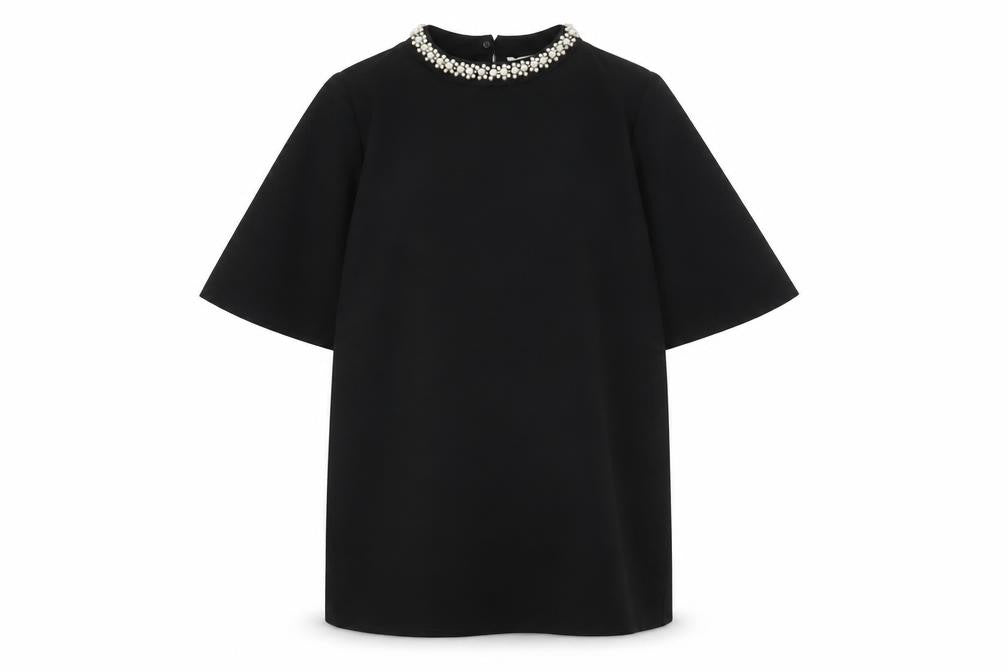 Front view of H&M Women Black, size 12, Beaded Shift Dress High Neck Evening
