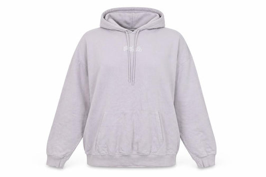 Front view of Fila women’s light grey pullover hoodie, size S, relaxed fit cotton blend