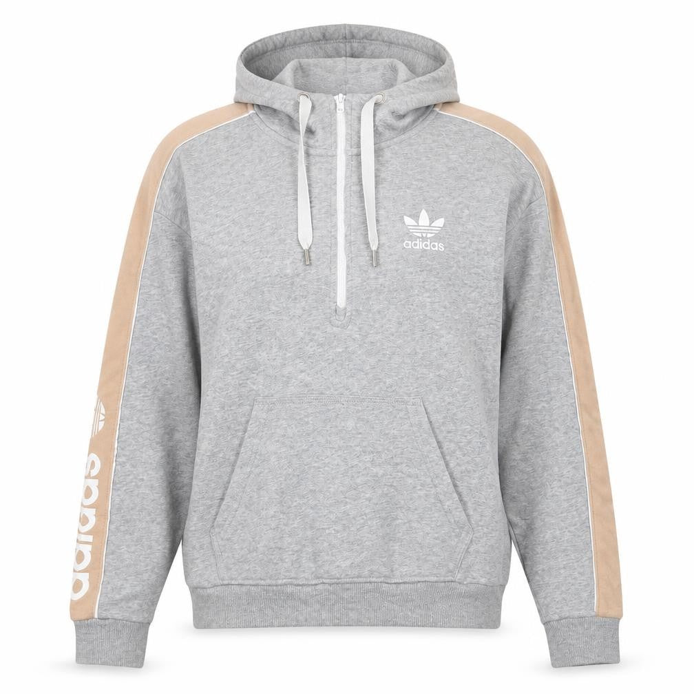 Front view of Adidas women’s grey hoodie uk 8 beige stripe 1/4 zip pullover