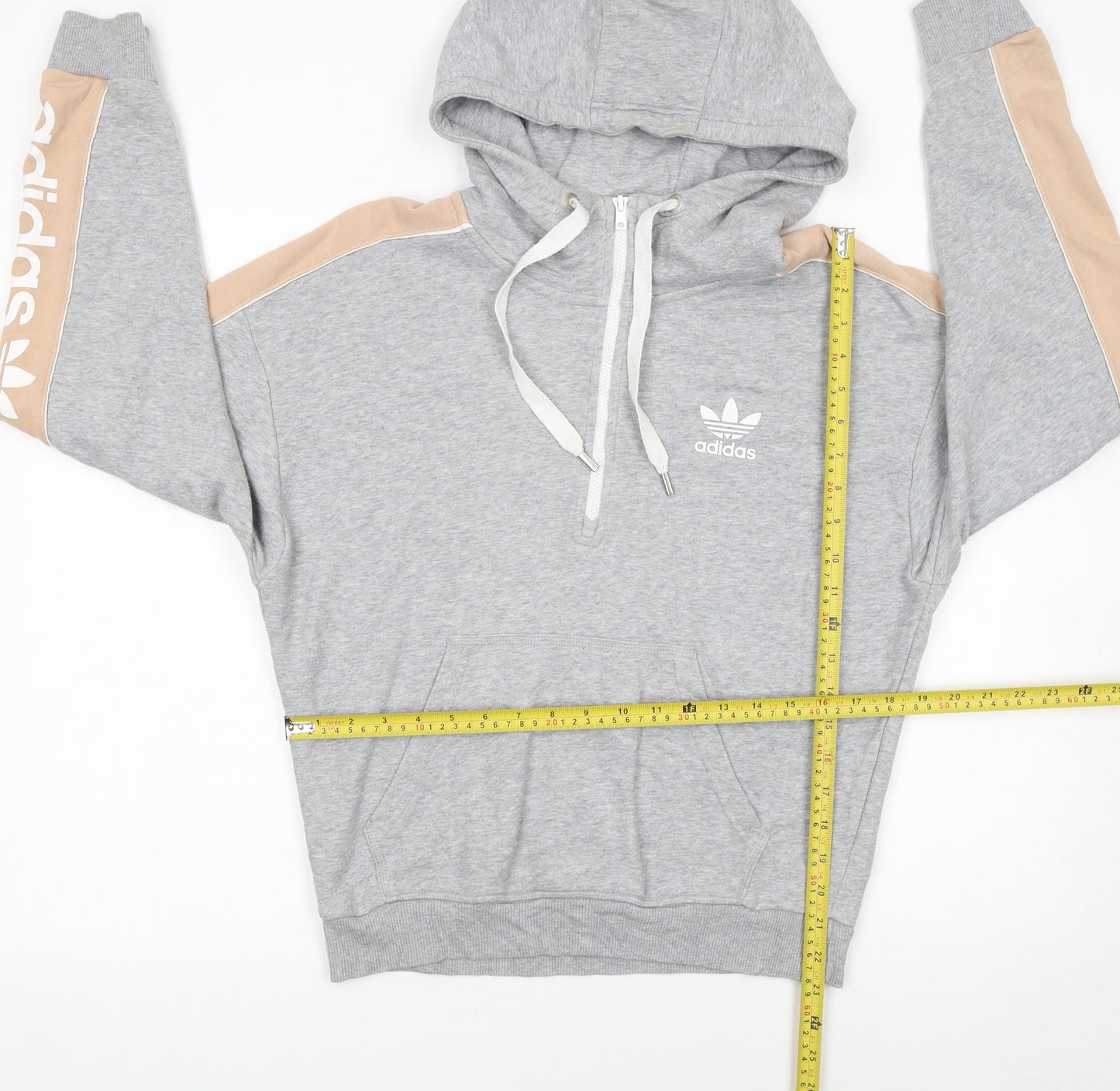 Adidas Womens Grey Hoodie UK 8 Beige Stripe 1/4 Zip Pullover