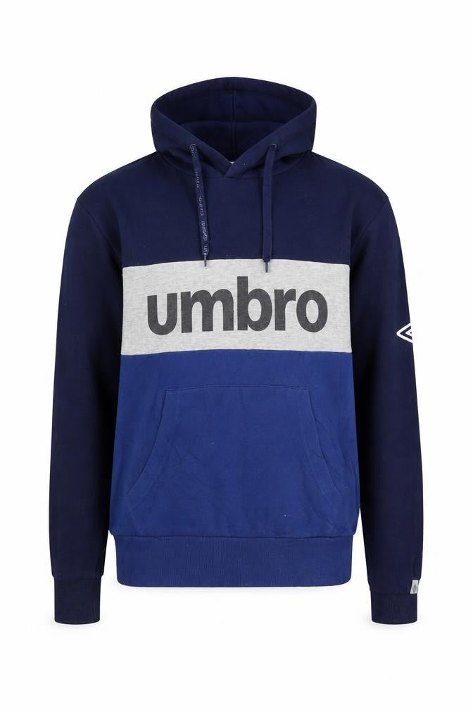 Front view of Umbro Men's Blue Pullover Hoodie L Sports Logo Cotton Blend