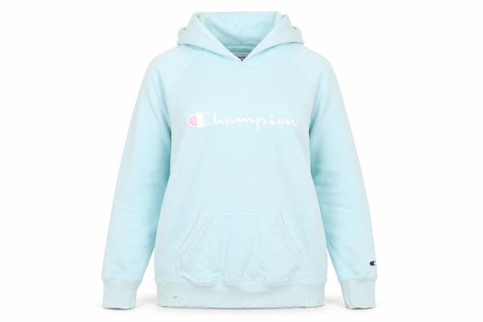 Front view of Champion girls’ blue pullover hoodie l logo fleece sweatshirt