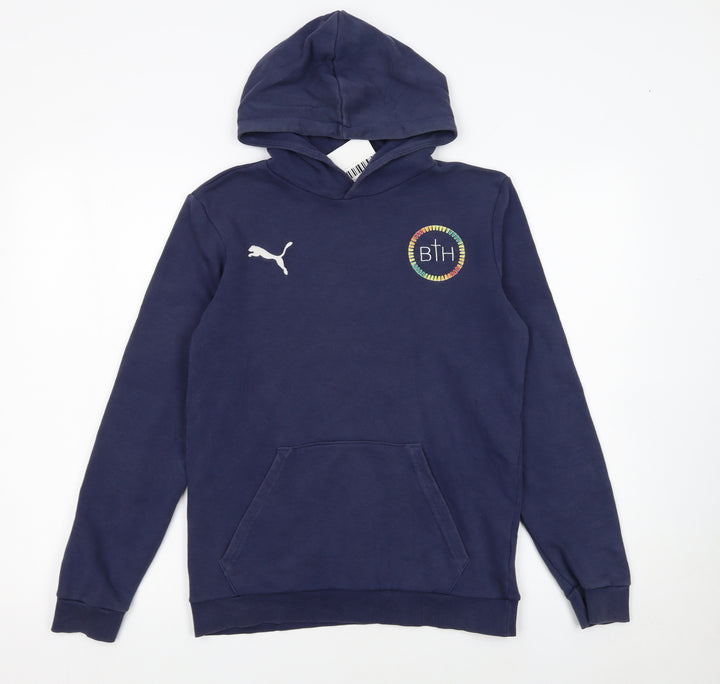 Puma Boys Blue Pullover Hoodie 13-14 Years Regular Fit Logo Cotton Blend