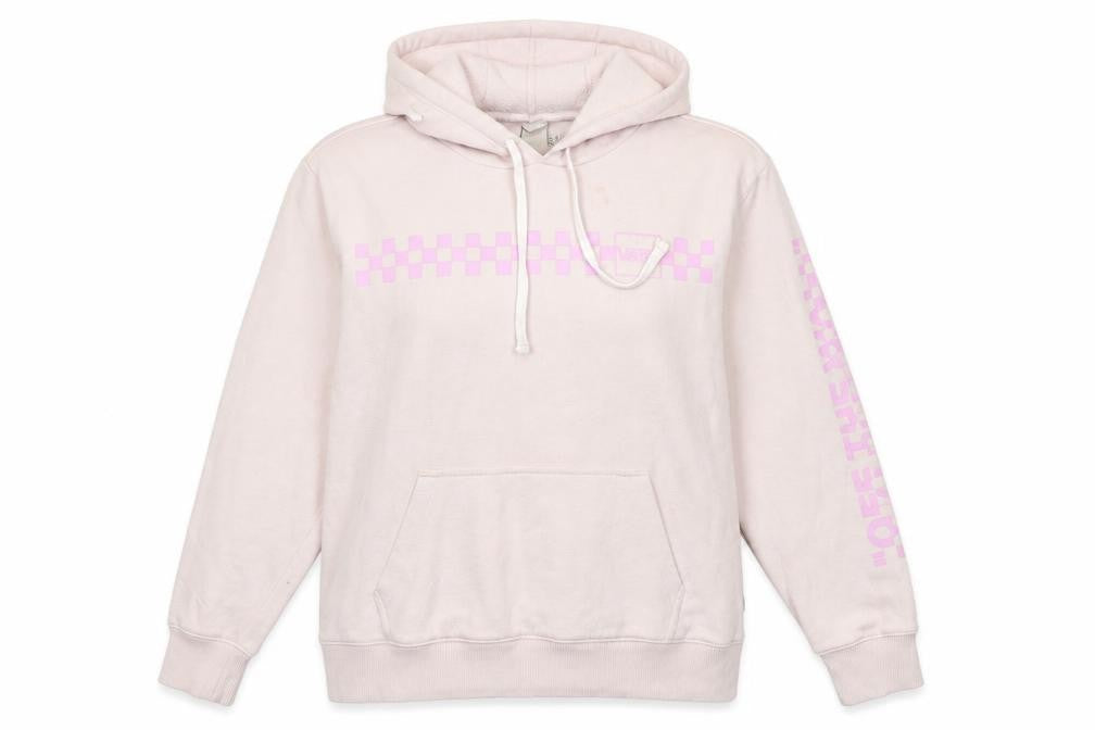 Front view of Vans women’s beige pink check pullover hoodie, size S, cotton