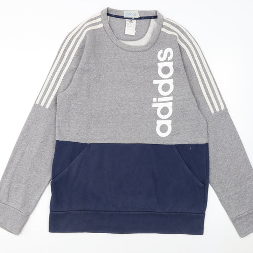 Adidas Men Grey Pullover Sweatshirt M Crew Neck Logo Sports Top