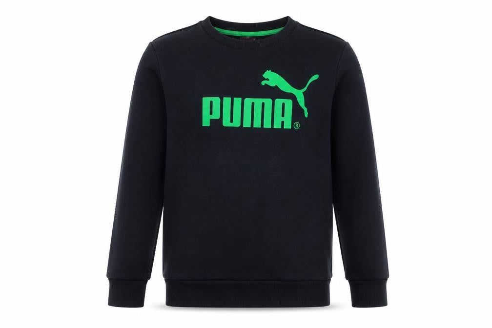 Front view of Puma boys’ black crew neck pullover sweatshirt, size 12, years logo print