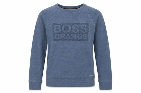 Front view of Hugo Boss Men's Blue Logo Pullover Sweatshirt, size M, Crew Neck Cotton