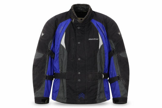 Front view of Cycle Spirit Men's Black Blue Motorcycle Jacket, size M, Windproof