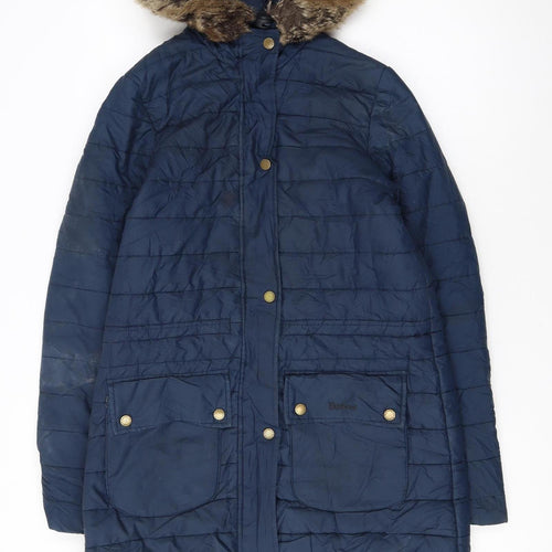 Barbour Women's Blue Long Hooded Puffer Coat Size 8 Faux Fur Trim