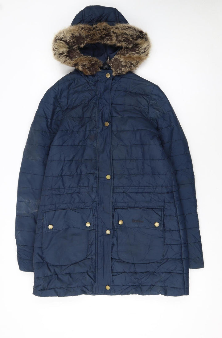 Barbour Women's Blue Long Hooded Puffer Coat Size 8 Faux Fur Trim