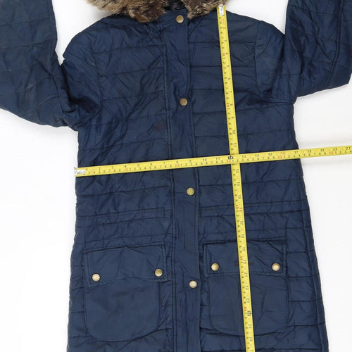 Barbour Women's Blue Long Hooded Puffer Coat Size 8 Faux Fur Trim
