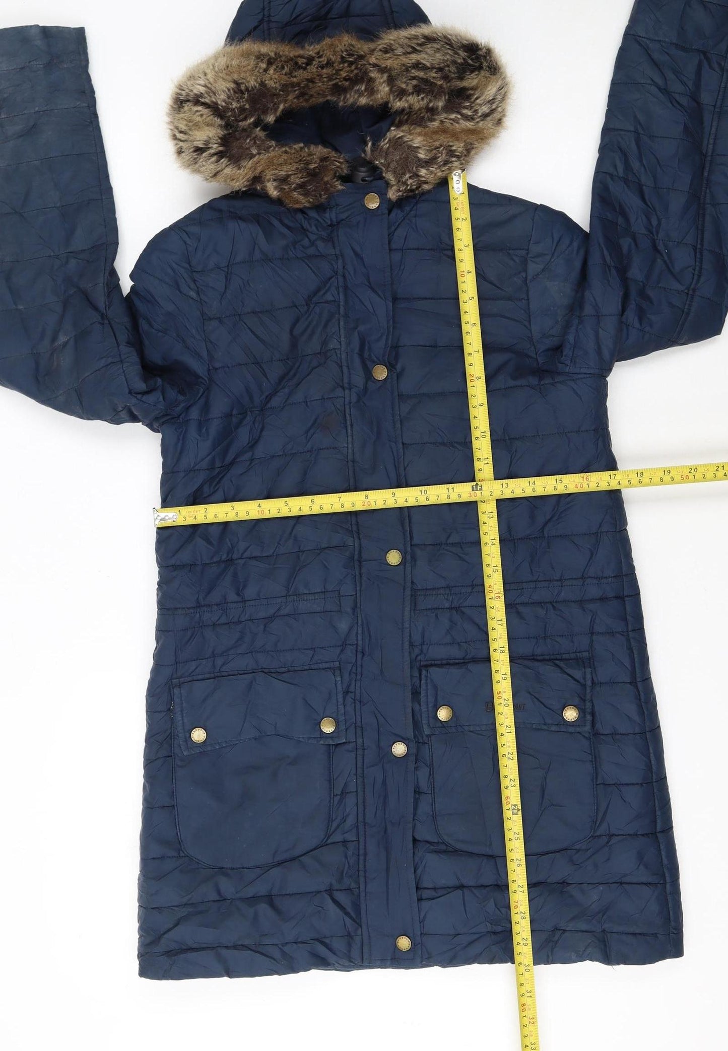 Barbour Women's Blue Long Hooded Puffer Coat Size 8 Faux Fur Trim
