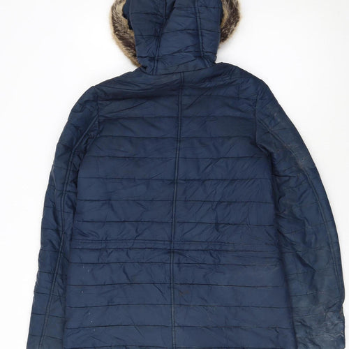 Barbour Women's Blue Long Hooded Puffer Coat Size 8 Faux Fur Trim