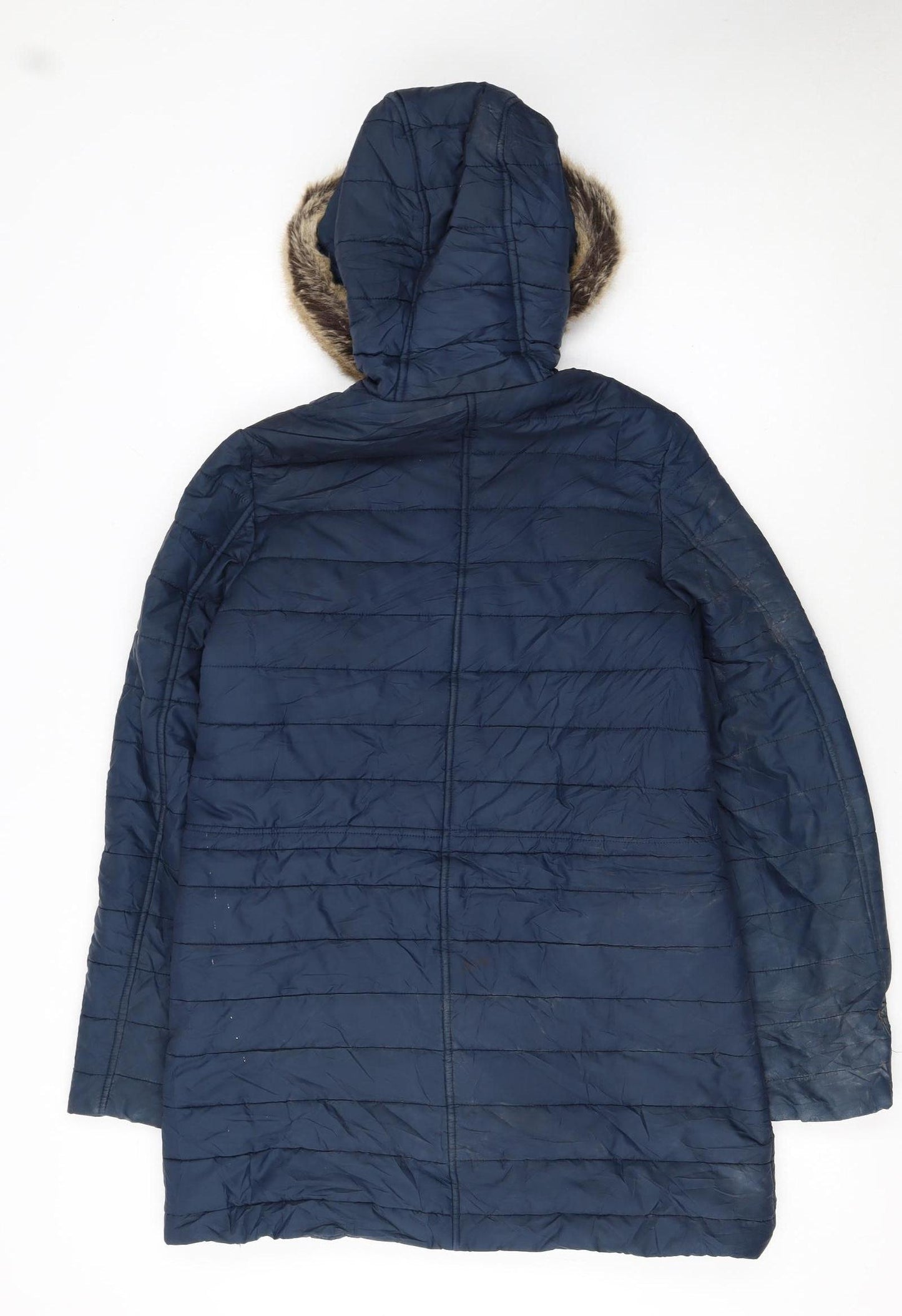 Barbour Women's Blue Long Hooded Puffer Coat Size 8 Faux Fur Trim