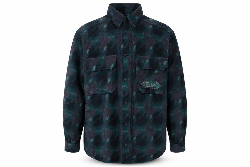 Front view of Fila Men's Green Flannel Camouflage Button-Up Shirt, size M
