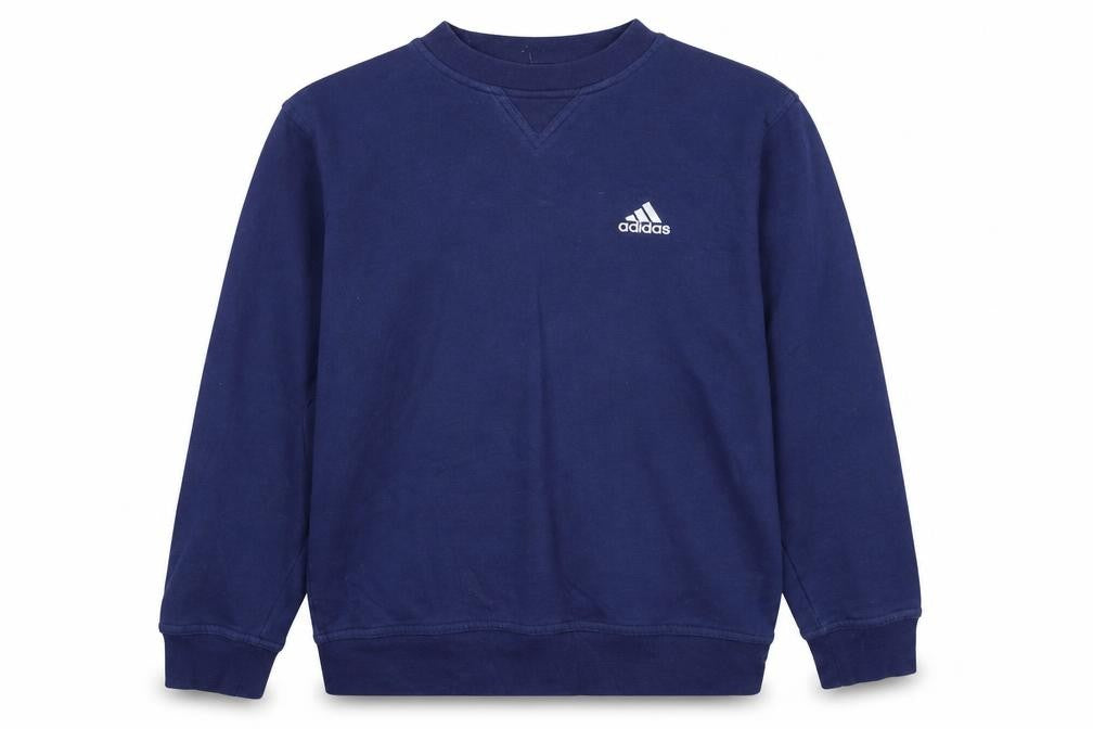 Front view of Adidas boys’ blue crew neck pullover fleece sweatshirt 14 years