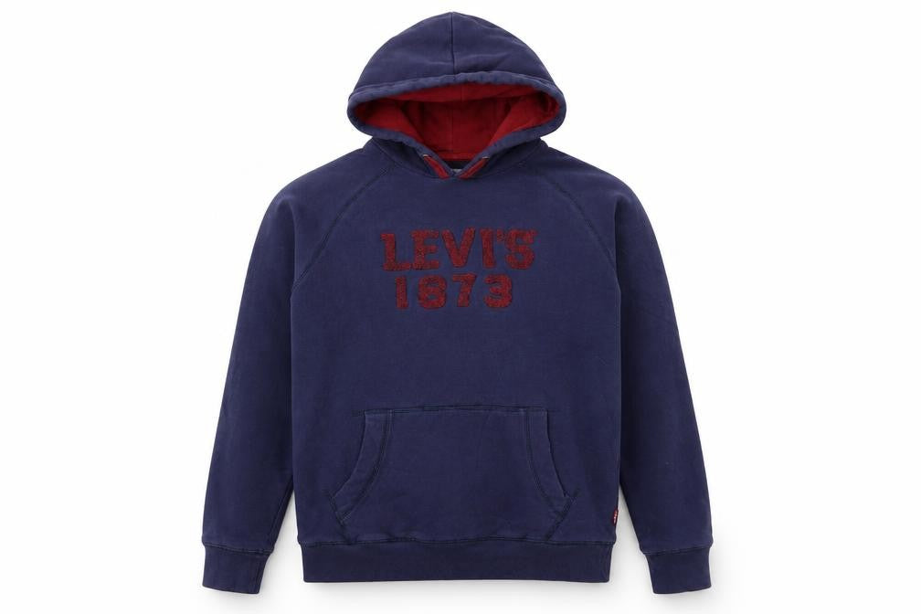 Front view of Levi's girls’ blue pullover hoodie 16 years fleece lined logo sweatshirt
