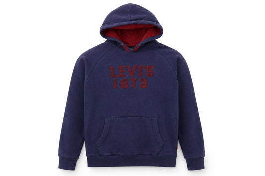 Front view of Levi's girls’ blue pullover hoodie 16 years fleece lined logo sweatshirt