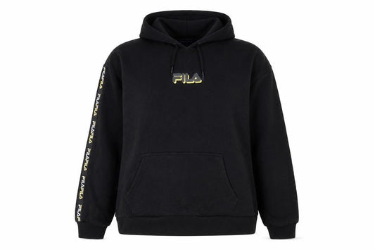 Front view of Fila women’s black xl pullover hoodie with logo detail