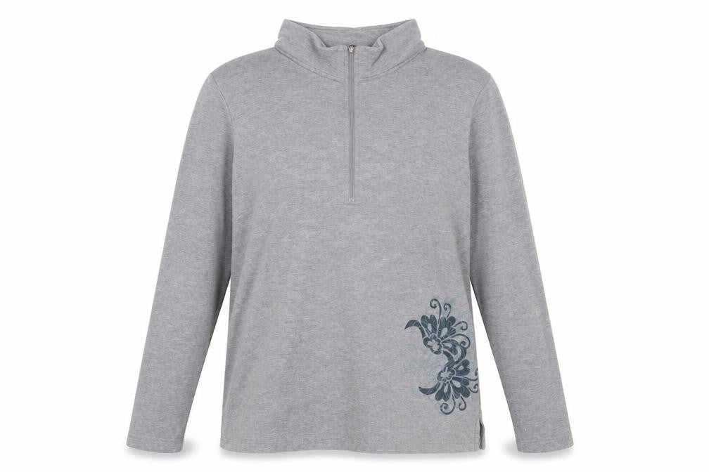 Front view of Eddie Bauer women’s grey 1/4 zip cotton pullover sweatshirt l