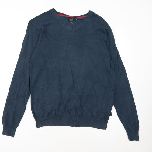 HUGO BOSS Men's Blue V-Neck Cotton Jumper Size S Regular Fit