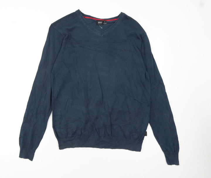 HUGO BOSS Men's Blue V-Neck Cotton Jumper Size S Regular Fit