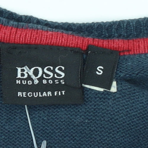 HUGO BOSS Men's Blue V-Neck Cotton Jumper Size S Regular Fit