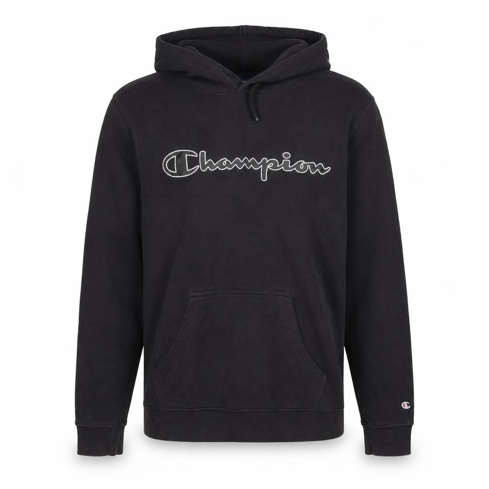 Front view of Champion Men's Black Pullover Hoodie Small Logo Fleece Sweatshirt