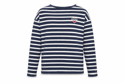 Front view of Tommy Hilfiger girls’ navy & white striped pullover sweatshirt, size 152