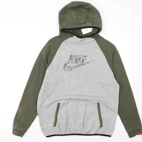 Nike Boys Grey Green Pullover Hoodie XL 13-15 Years Fleece Logo Sweatshirt