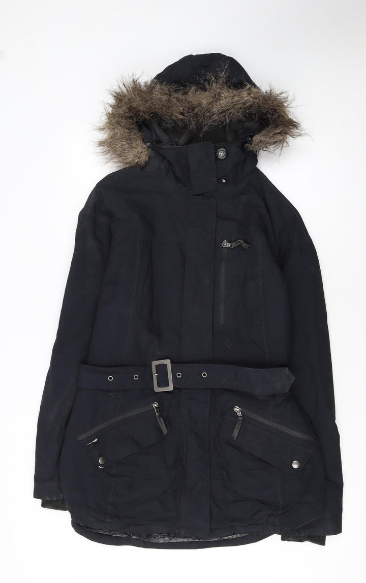 Columbia Womens Black Parka Jacket M Hooded Belted Winter Coat