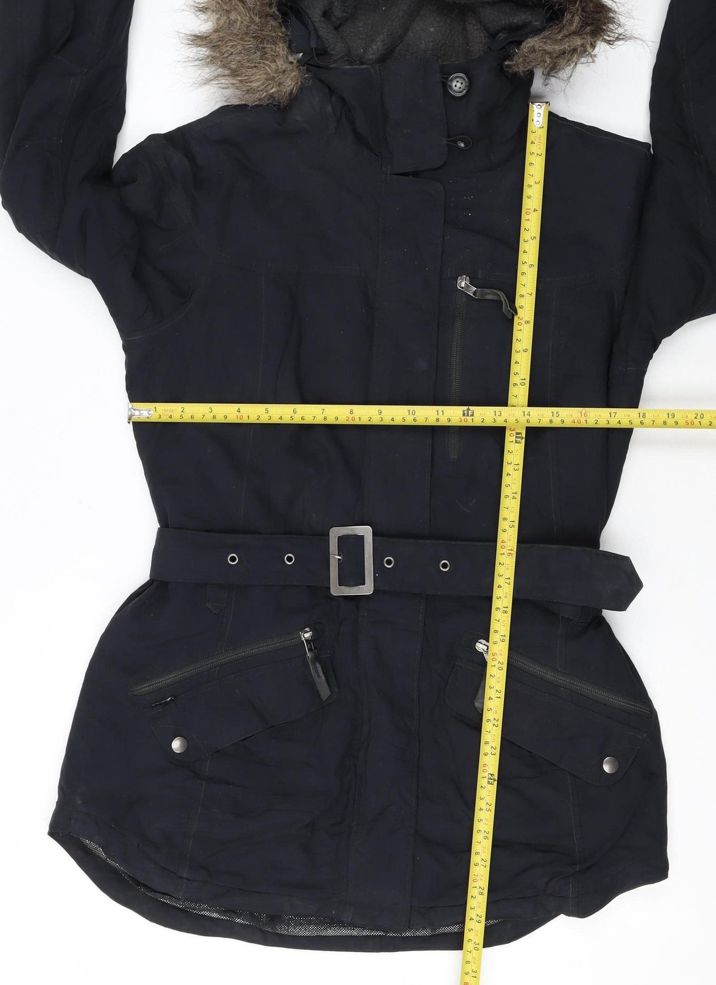 Columbia Womens Black Parka Jacket M Hooded Belted Winter Coat