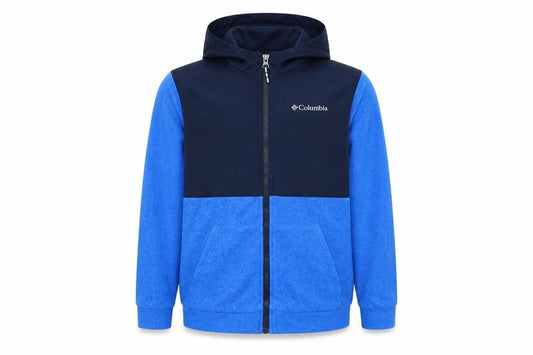 Front view of Columbia boys’ blue colourblock full zip hooded fleece jacket, size 14, years