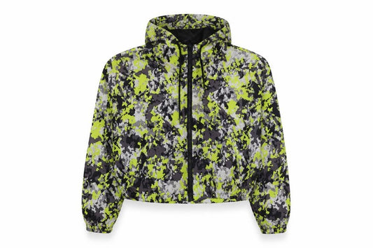 Front view of New Look Sport women’s multicoloured camo hooded windbreaker jacket l