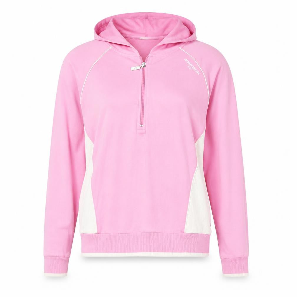 Front view of Reebok women’s pink 1/2 zip hooded sweatshirt, size UK 12