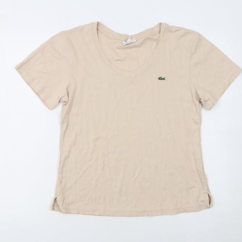 Lacoste Women Beige V-Neck Cotton T-Shirt Size 18