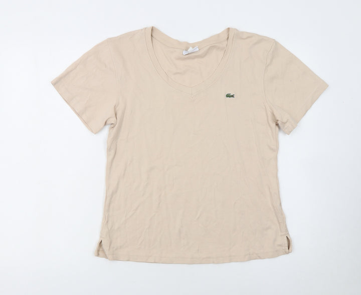 Lacoste Women Beige V-Neck Cotton T-Shirt Size 18