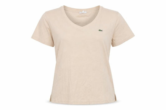 Front view of Lacoste Women Beige V-Neck Cotton T-Shirt, size 18