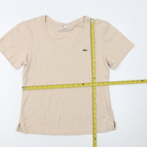Lacoste Women Beige V-Neck Cotton T-Shirt Size 18