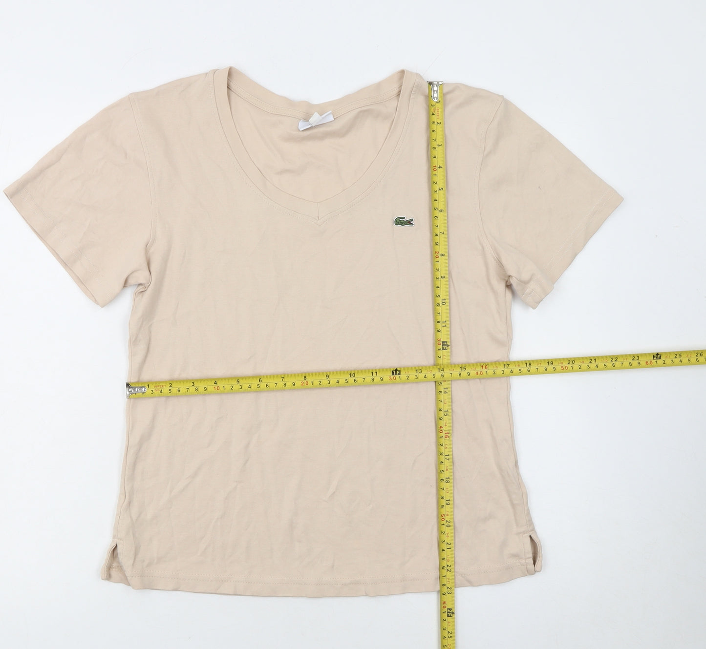 Lacoste Women Beige V-Neck Cotton T-Shirt Size 18