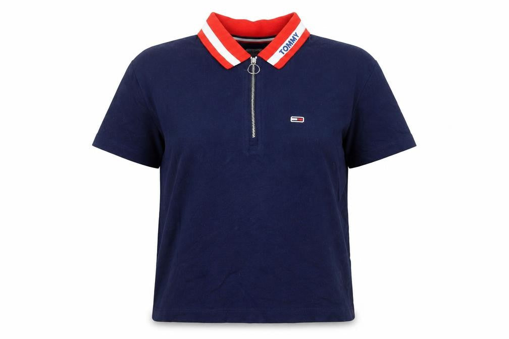 Front view of Tommy Jeans Women's Navy Polo Top S Half Zip Cotton Classic Style