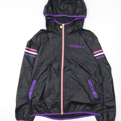 Adidas Girls Black Windbreaker Activewear Jacket L Hooded Zip Lightweight
