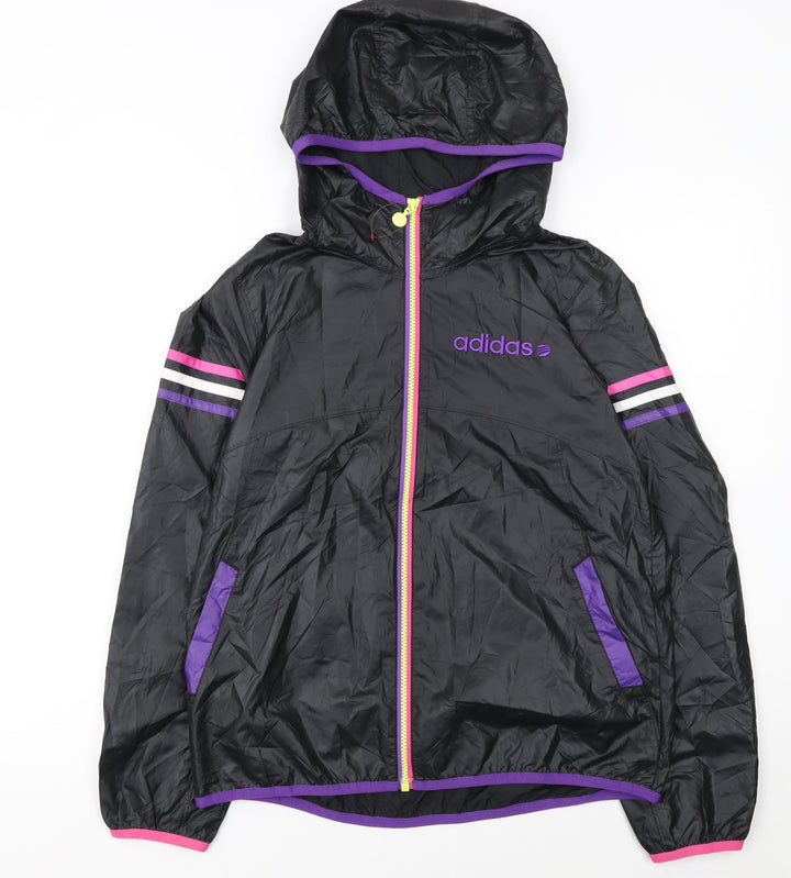 Adidas Girls Black Windbreaker Activewear Jacket L Hooded Zip Lightweight