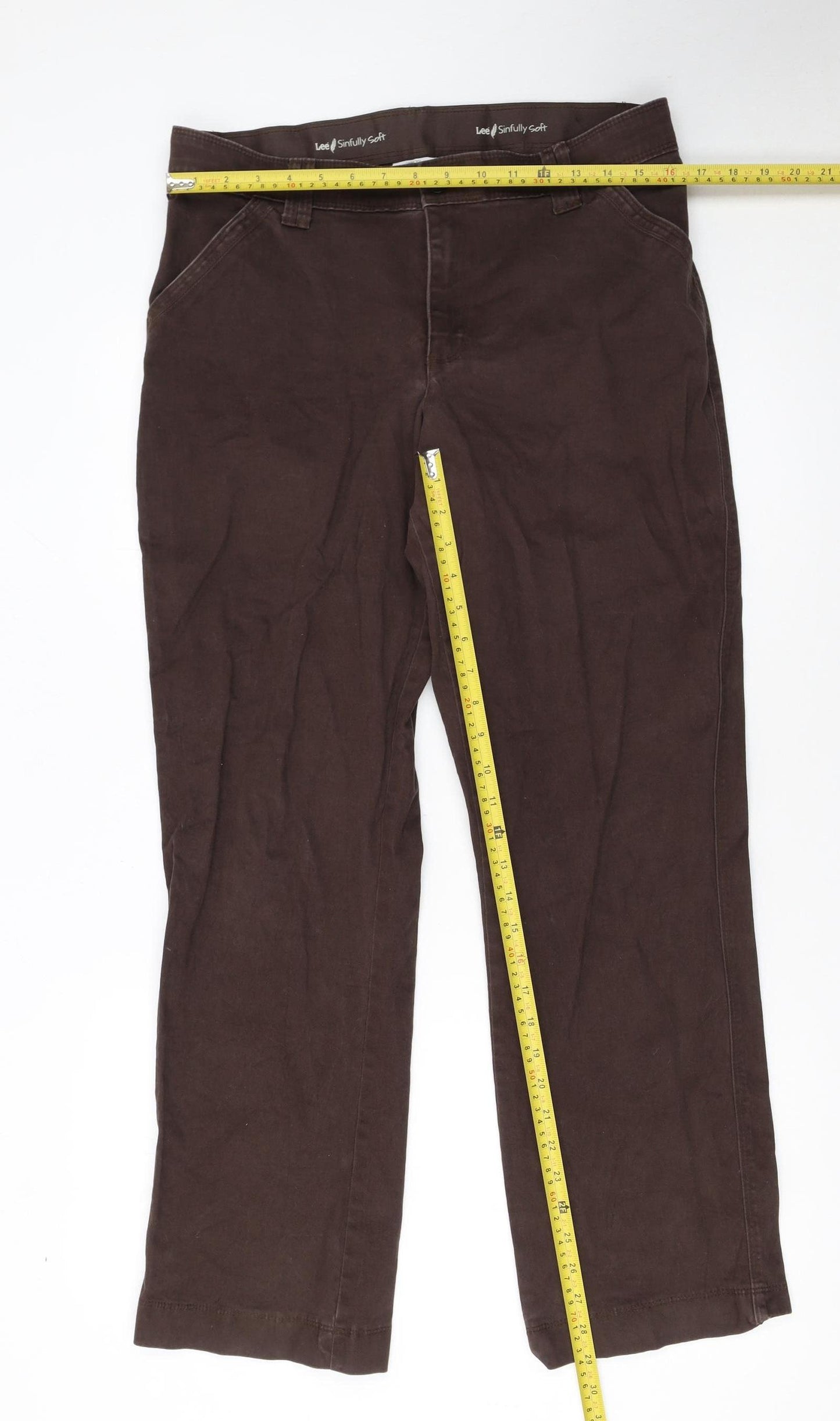 Lee Women Brown Sinfully Soft Cotton Blend Chino Trousers Size 12 Short