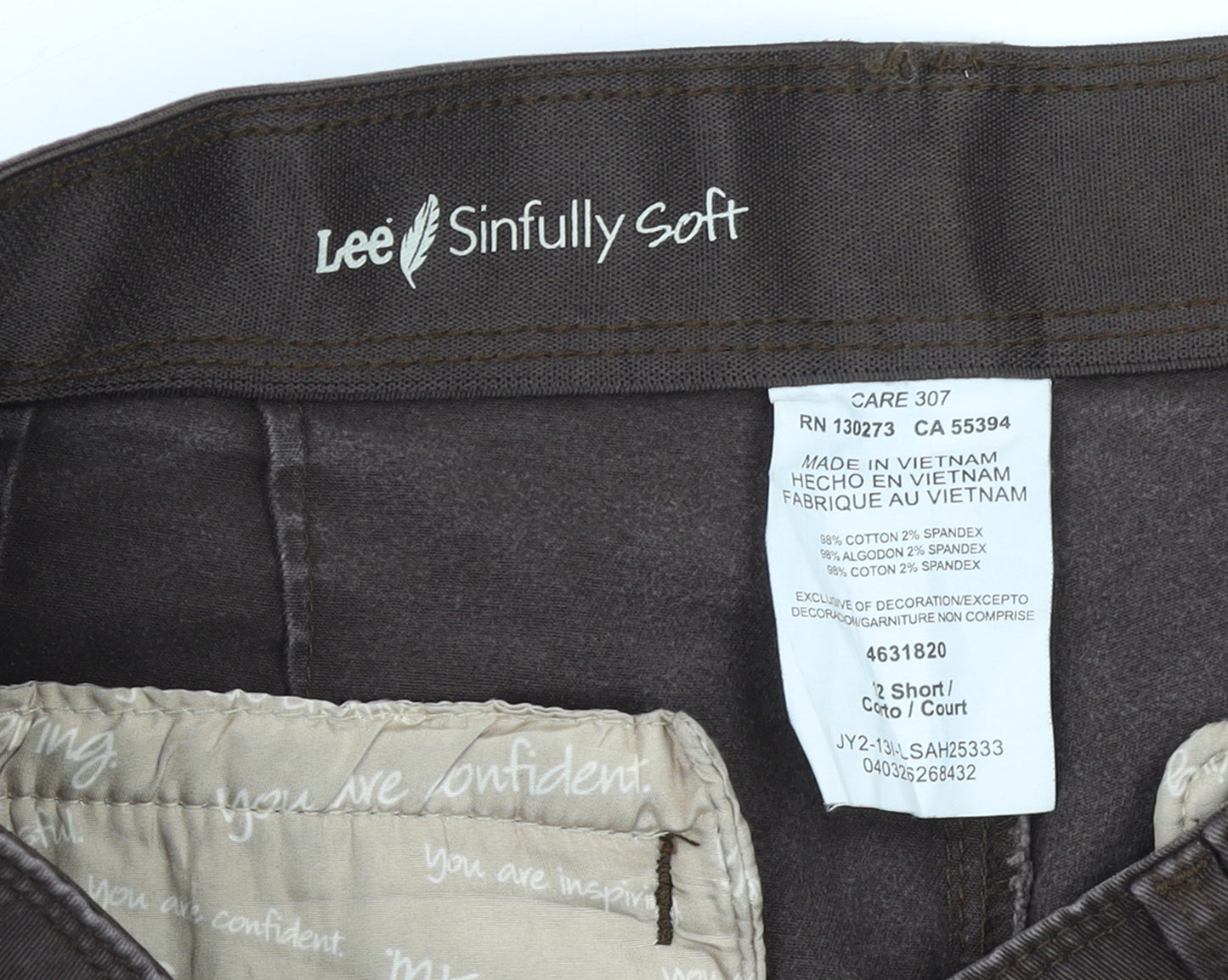 Lee Women Brown Sinfully Soft Cotton Blend Chino Trousers Size 12 Short