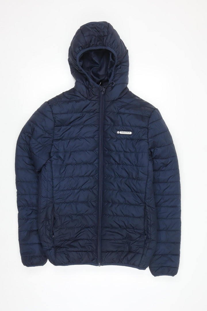 Nautica Men’s Blue Puffer Jacket S Hooded Quilted Winter Coat