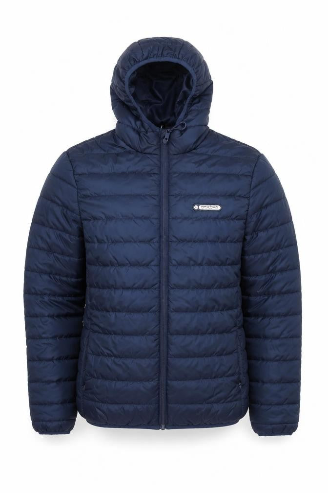 Front view of Nautica Men’s Blue Puffer Jacket S Hooded Quilted Winter Coat