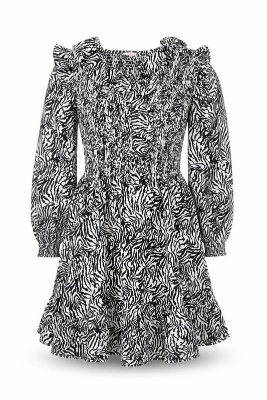 Front view of Savida Women’s Black Zebra Print Long Sleeve Skater Dress, size UK 10