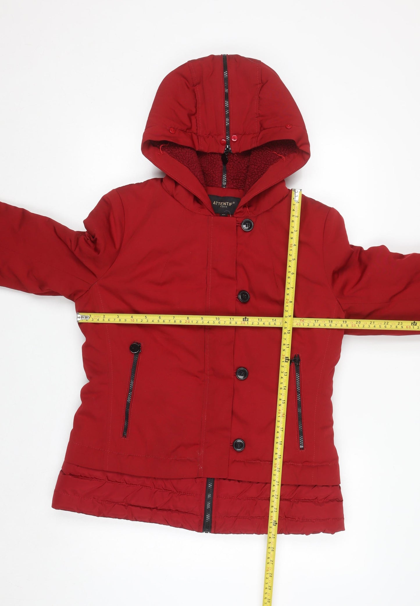 Attentif Women Red Hooded Puffer Jacket Size 12 Lined Winter Coat