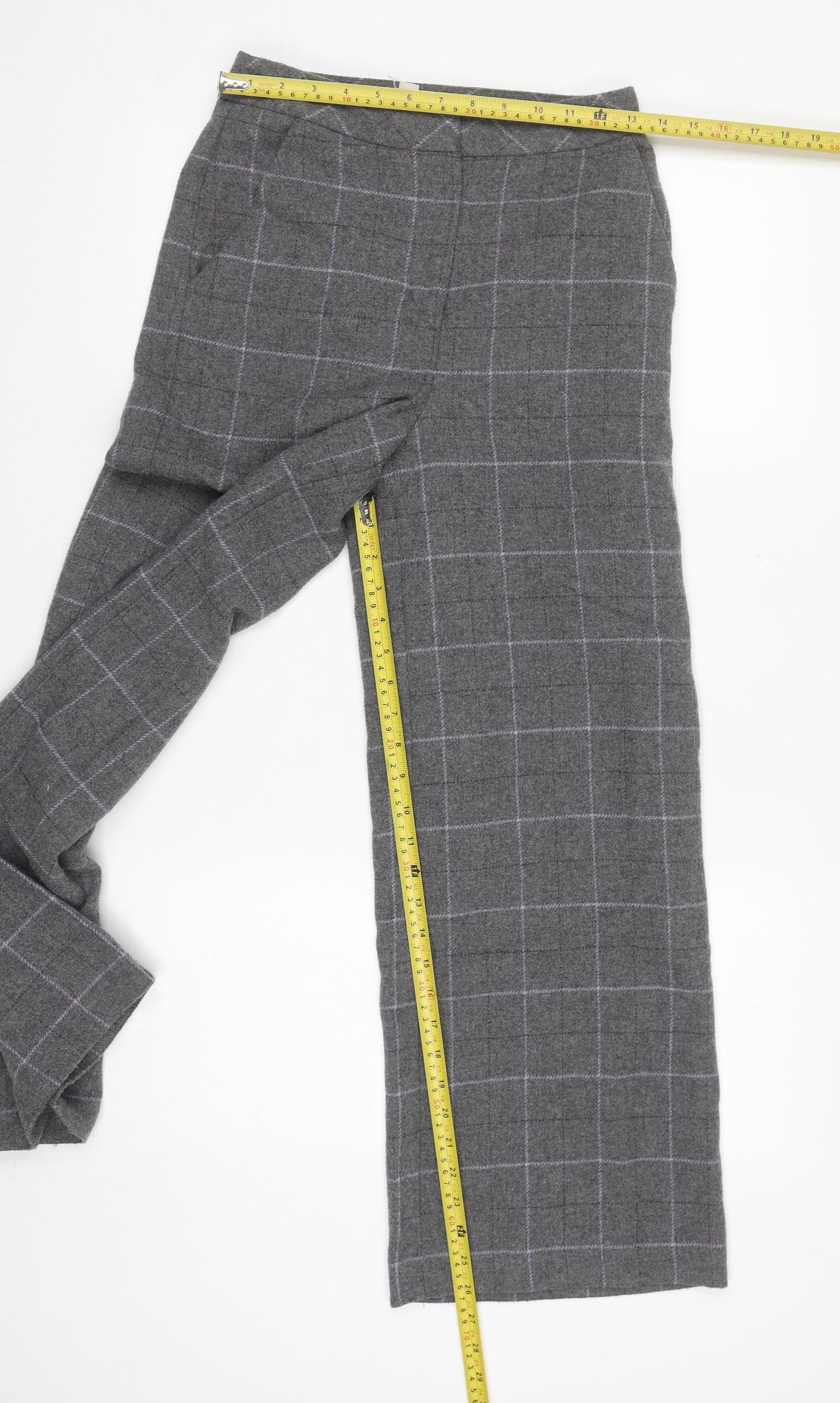 White Stuff Womens Grey Check Wool Blend Wide-Leg Trousers UK 6R